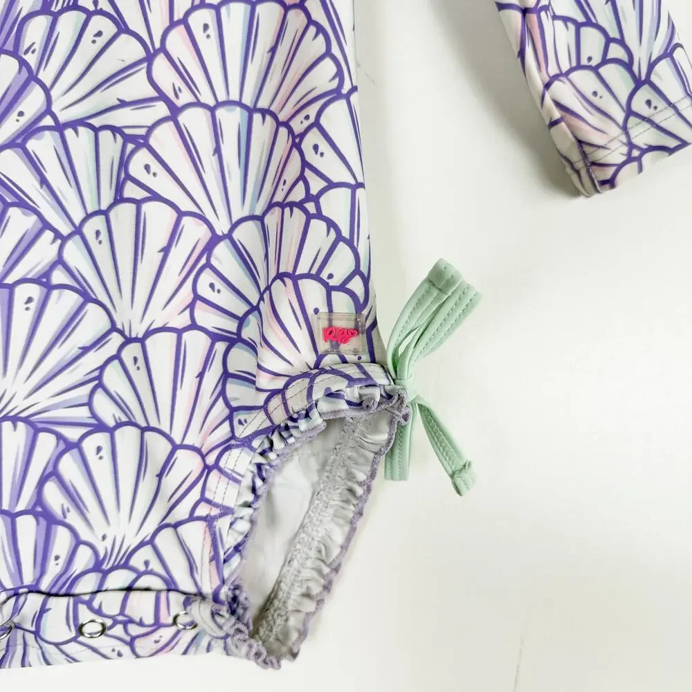 RuffleButts Baby Girl Rash Guard Swimsuit Swim Purple Seashells - 12 18 Months